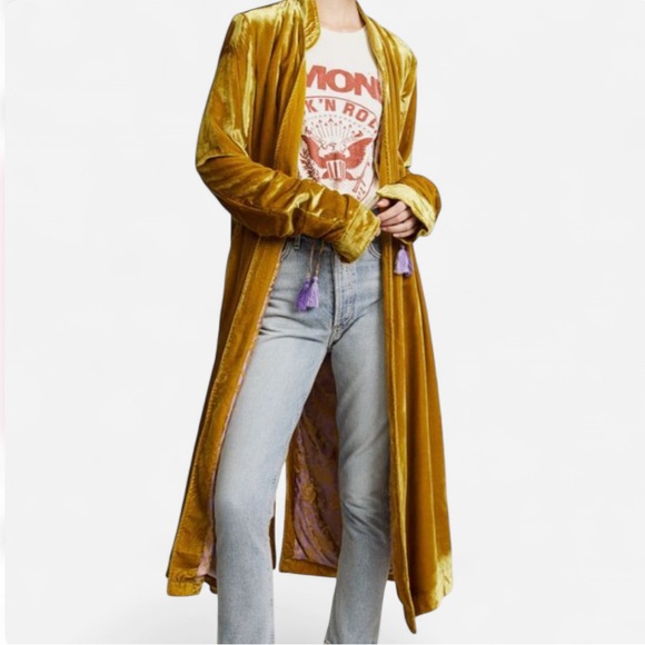 *Flaw* Free People Dahlia Velvet Gold Yellow Duster Coat Robe Jacket - Picture 4 of 11